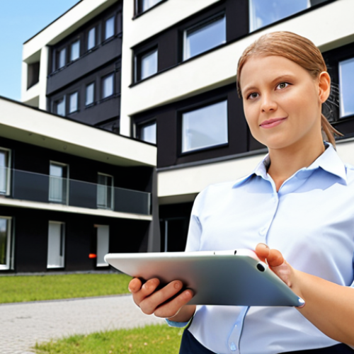 Home 7 **Prompt:** A dynamic, modern property manager, male or female, standing confidently in front of a well-maintained, contemporary German residential building. They are holding a tablet, subtly showing various icons representing their multi-faceted role: a wrench for technical issues, a speech bubble for communication, a legal gavel for regulations, and a financial chart. The scene is bright and professional, emphasizing problem-solving and efficiency. High detail, professional photography style.