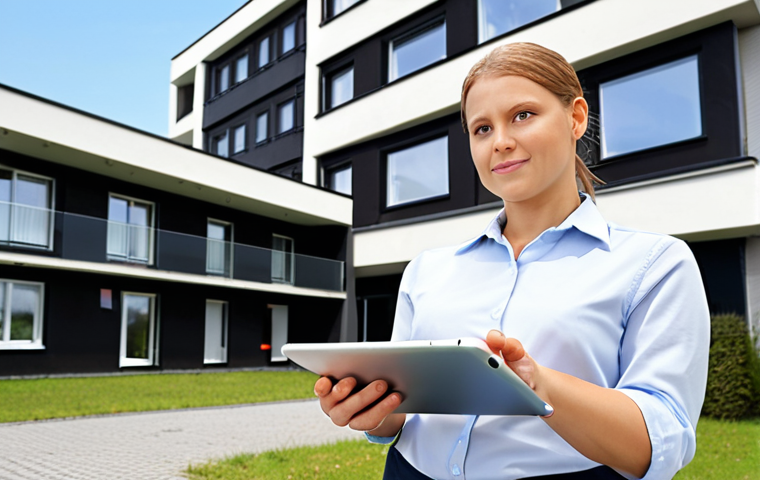 **Prompt:** A dynamic, modern property manager, male or female, standing confidently in front of a well-maintained, contemporary German residential building. They are holding a tablet, subtly showing various icons representing their multi-faceted role: a wrench for technical issues, a speech bubble for communication, a legal gavel for regulations, and a financial chart. The scene is bright and professional, emphasizing problem-solving and efficiency. High detail, professional photography style.