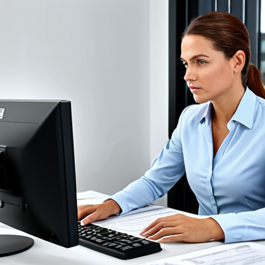 **
A fully clothed, professional female property manager in a modern office setting, reviewing documents on a computer screen. Modest attire, perfect anatomy, natural pose, safe for work, appropriate content, professional.
**