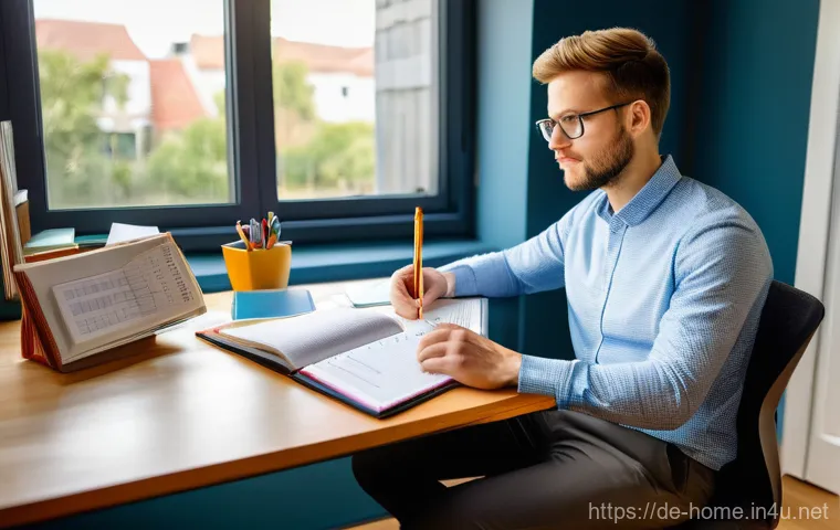 주택관리사 시험 시간표 및 과목별 팁 - **Prompt:** A focused and organized adult student, dressed in comfortable yet smart casual attire, s...