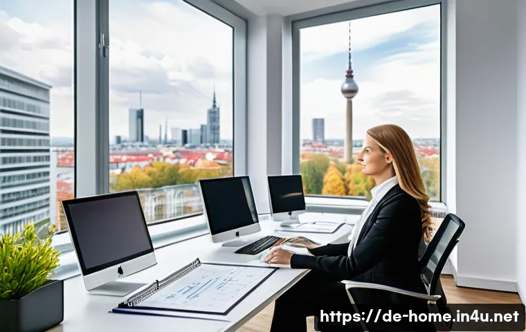 주택관리사 시험 중점 과목 정리 - A modern German real estate office scene showing a professional female property manager in business ...