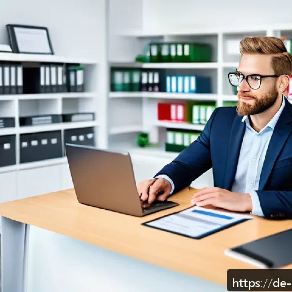 주택관리사 초보 실무 사례 - A professional property manager in a modern German office environment, sitting at a desk with multip...