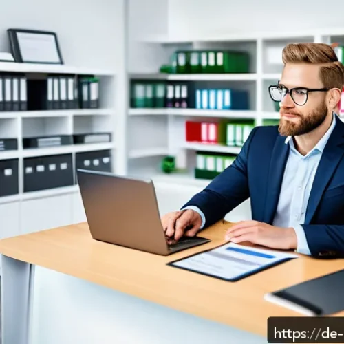 주택관리사 초보 실무 사례 - A professional property manager in a modern German office environment, sitting at a desk with multip...