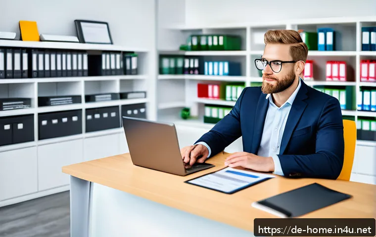 주택관리사 초보 실무 사례 - A professional property manager in a modern German office environment, sitting at a desk with multip...