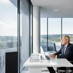 주택관리사와 관련된 법적 분쟁 사례 - A professional property manager in a modern German residential building office, sitting at a sleek d...