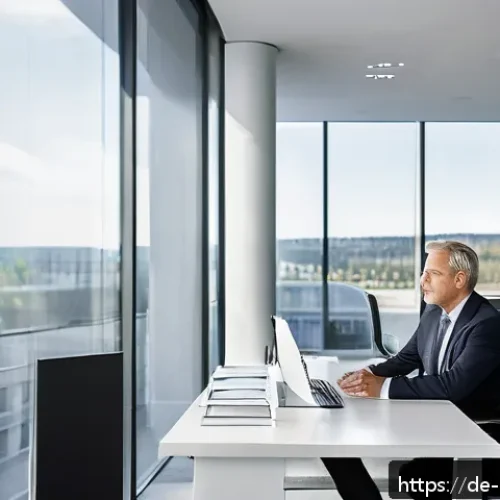 주택관리사와 관련된 법적 분쟁 사례 - A professional property manager in a modern German residential building office, sitting at a sleek d...