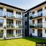 주택관리사 관리비 산정 사례 - A modern German apartment building exterior in a residential neighborhood during daytime, showing mu...
