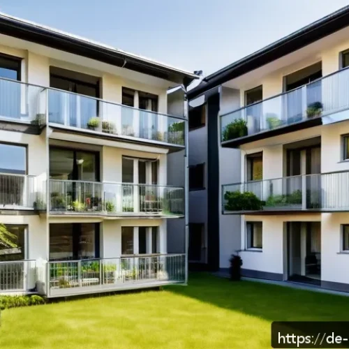 주택관리사 관리비 산정 사례 - A modern German apartment building exterior in a residential neighborhood during daytime, showing mu...