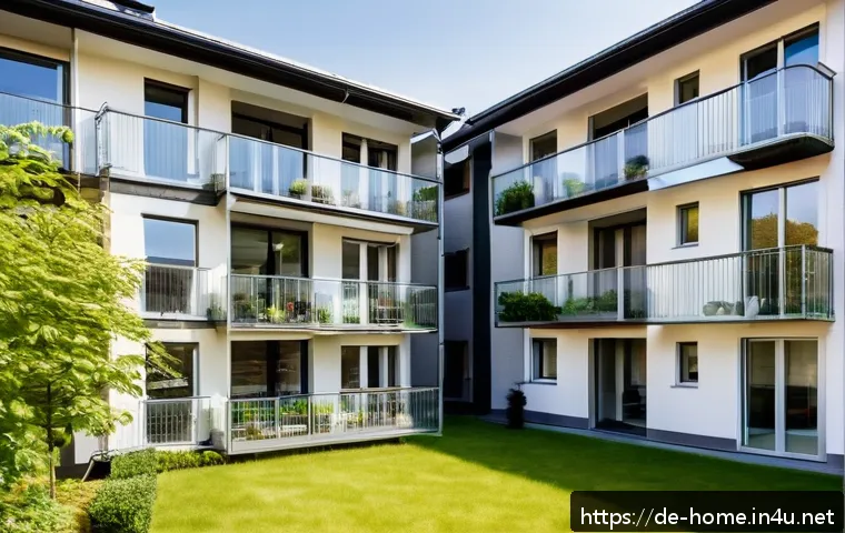 주택관리사 관리비 산정 사례 - A modern German apartment building exterior in a residential neighborhood during daytime, showing mu...