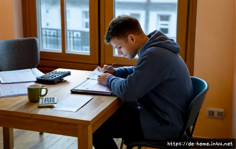 주택관리사 시험 준비 생생 후기 - Photorealistic evening scene in a cozy Berlin apartment, a focused German adult exam candidate prepa...