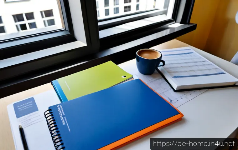 주택관리사 시험 자료 정리 방법 - Photorealistic German property management certification study scene, organized desk with color-coded...